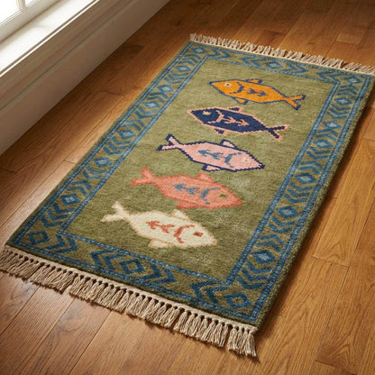 Fish Runner Hand Knotted Wool Rug, Tribal Kitchen Hallway Decor