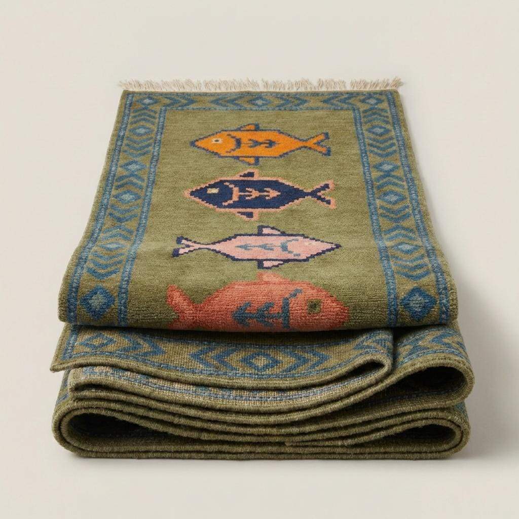 Fish Runner Hand Knotted Wool Rug, Tribal Kitchen Hallway Decor
