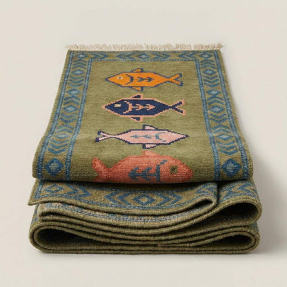 Fish Runner Hand Knotted Wool Rug, Tribal Kitchen Hallway Decor