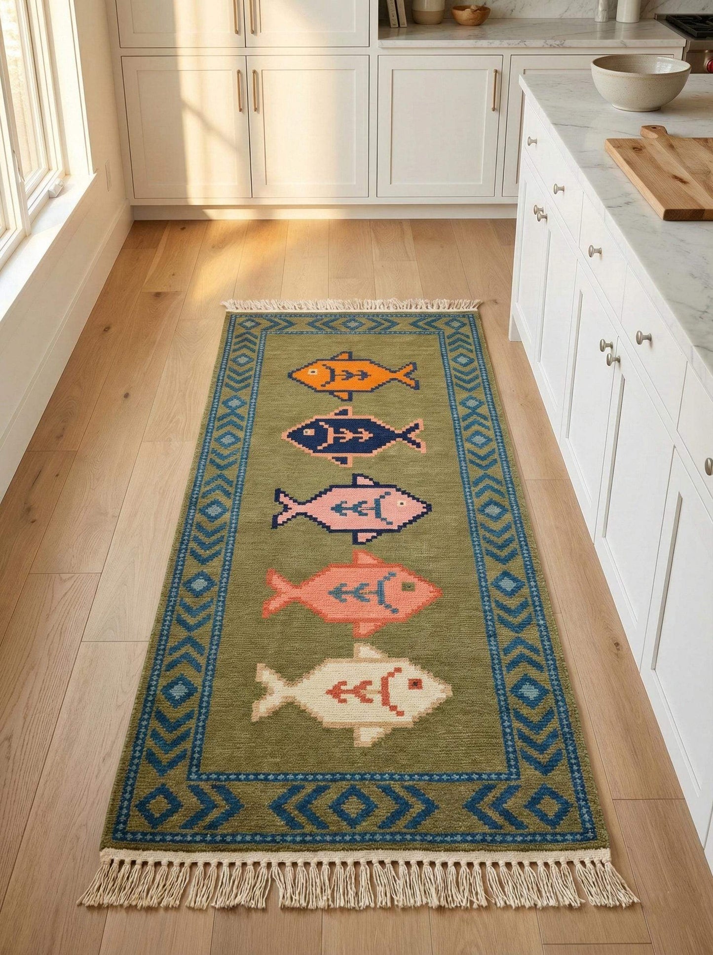 Hand-knotted fish runner wool rug with tribal motifs, ideal for kitchens and hallways, durable and artisan-crafted