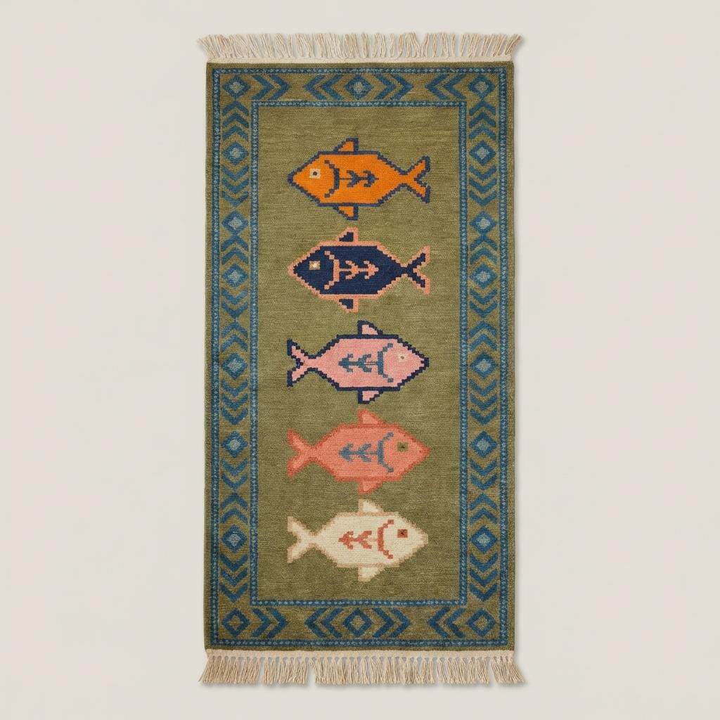 Tribal hand knotted runner rug with colorful fish motifs and border