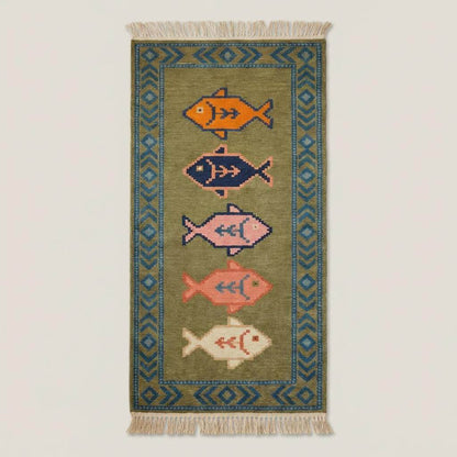 Tribal hand knotted runner rug with colorful fish motifs and border