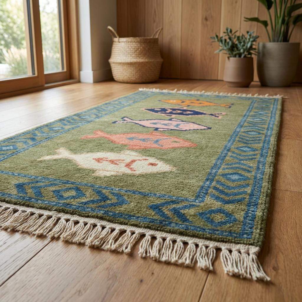 Low profile hand knotted runner rug with wool pile and finished fringe