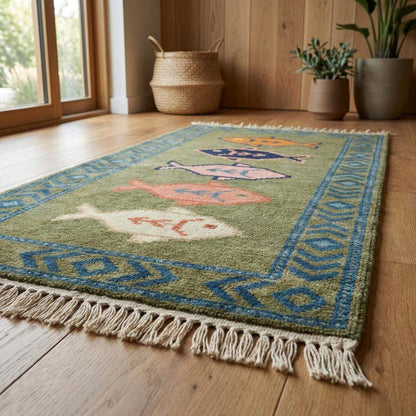 Low profile hand knotted runner rug with wool pile and finished fringe