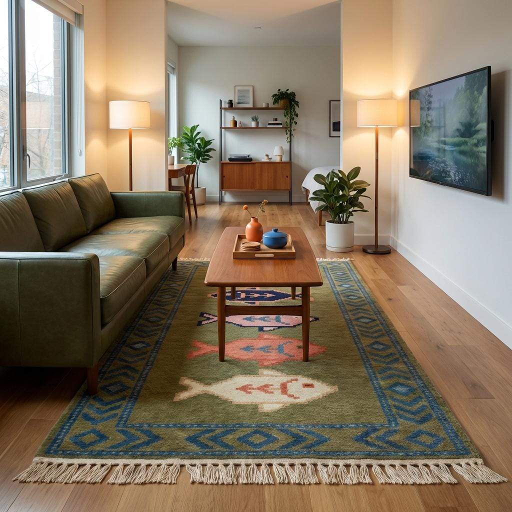 Fish Runner Hand Knotted Wool Rug, Tribal Kitchen Hallway Decor