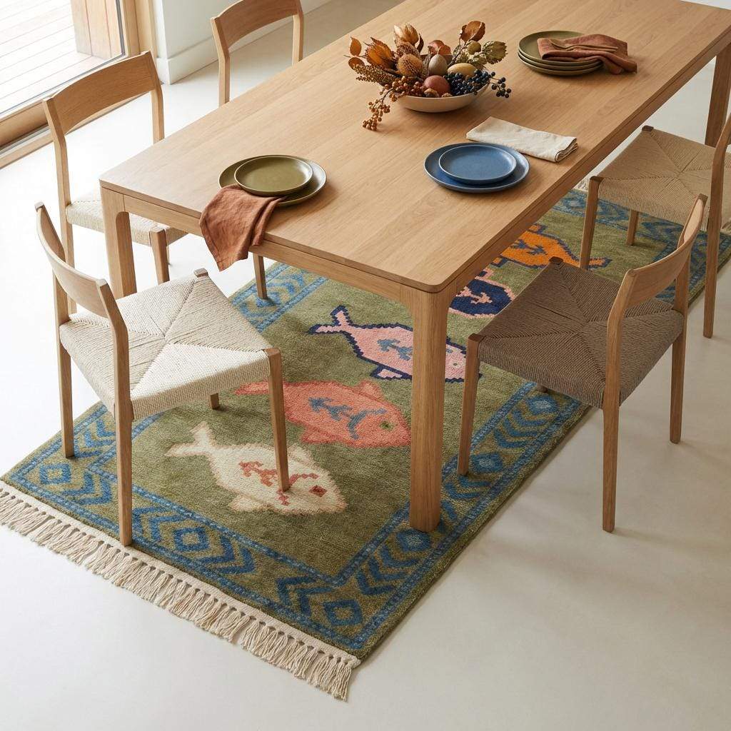 Fish Runner Hand Knotted Wool Rug, Tribal Kitchen Hallway Decor