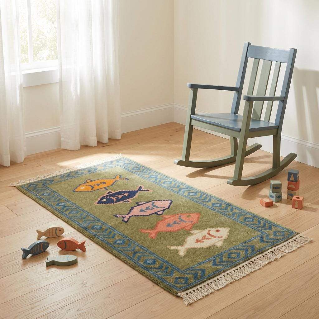 Decorative fish motif hand knotted rug adding character to narrow spaces