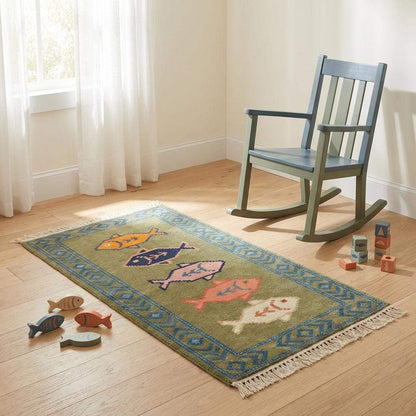 Decorative fish motif hand knotted rug adding character to narrow spaces