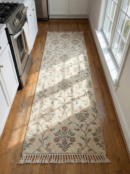 Floral hand knotted runner rug with ivory base and sage rose floral vine pattern for kitchen hallway decor