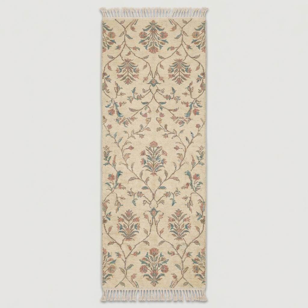 Ivory floral hand knotted runner rug with fringe edges