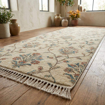 Narrow hallway hand knotted rug in sage and rose tones