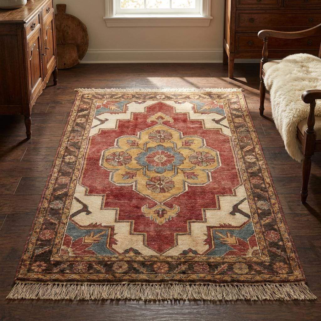 Hand knotted wool area rug with floral medallion design in brick red, ivory, and gold tones