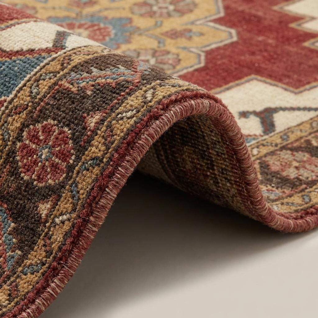 Floral medallion hand knotted wool rug with brick red base and ivory golden accents