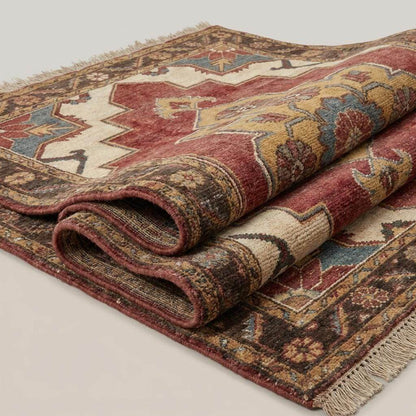 Hand knotted wool floral medallion rug with traditional Indo-Persian design in brick red, ivory, and gold