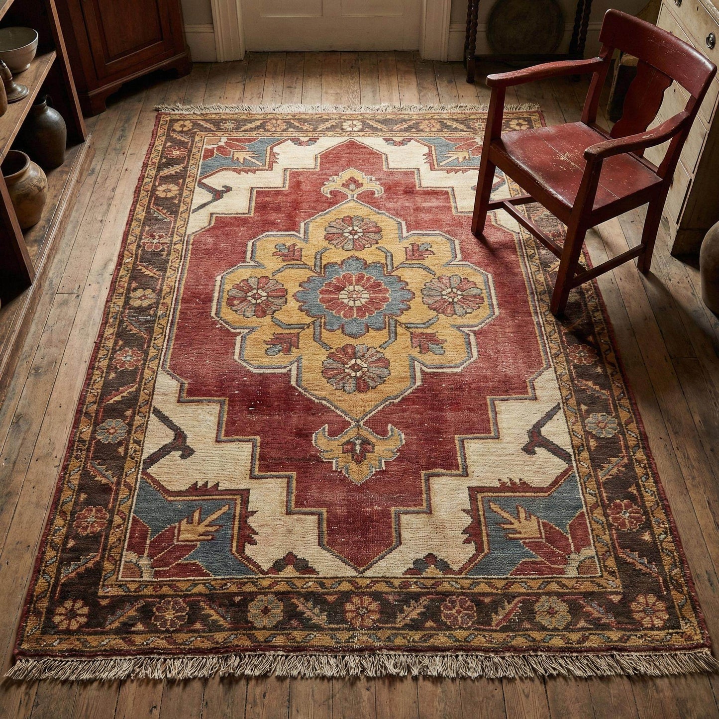 Hand knotted wool floral medallion rug with brick red, ivory, and gold accents in Indo-Persian style