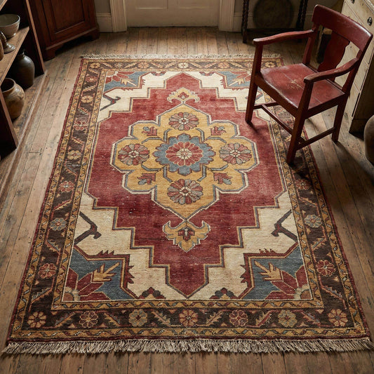 Hand knotted wool floral medallion rug with brick red, ivory, and gold accents in Indo-Persian style