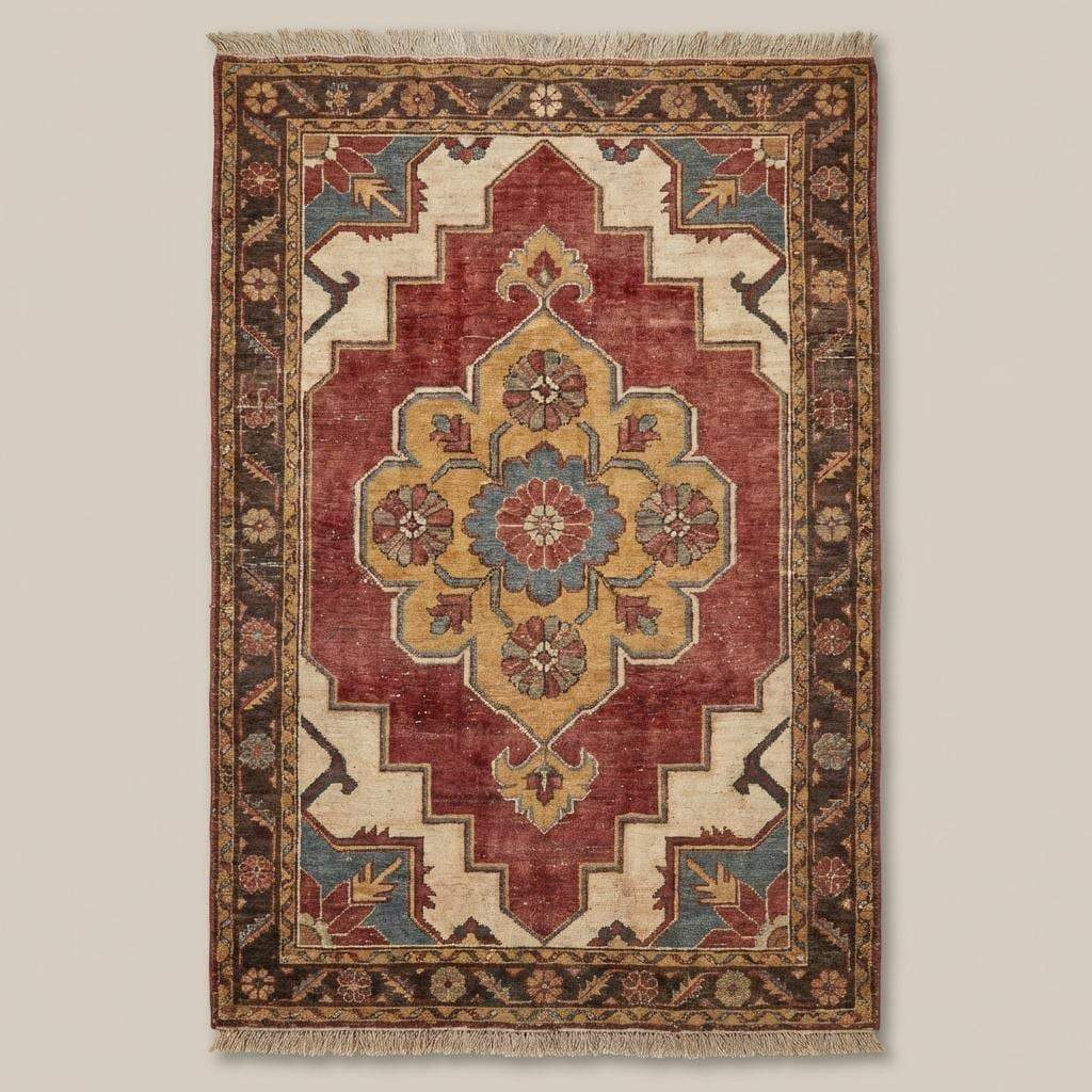 Hand knotted wool floral medallion area rug with traditional Indo-Persian design and rich brick red, ivory, and gold accents