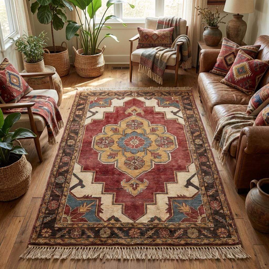 Hand knotted wool rug with floral medallion design in brick red and ivory tones