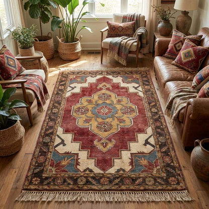 Hand knotted wool rug with floral medallion design in brick red and ivory tones