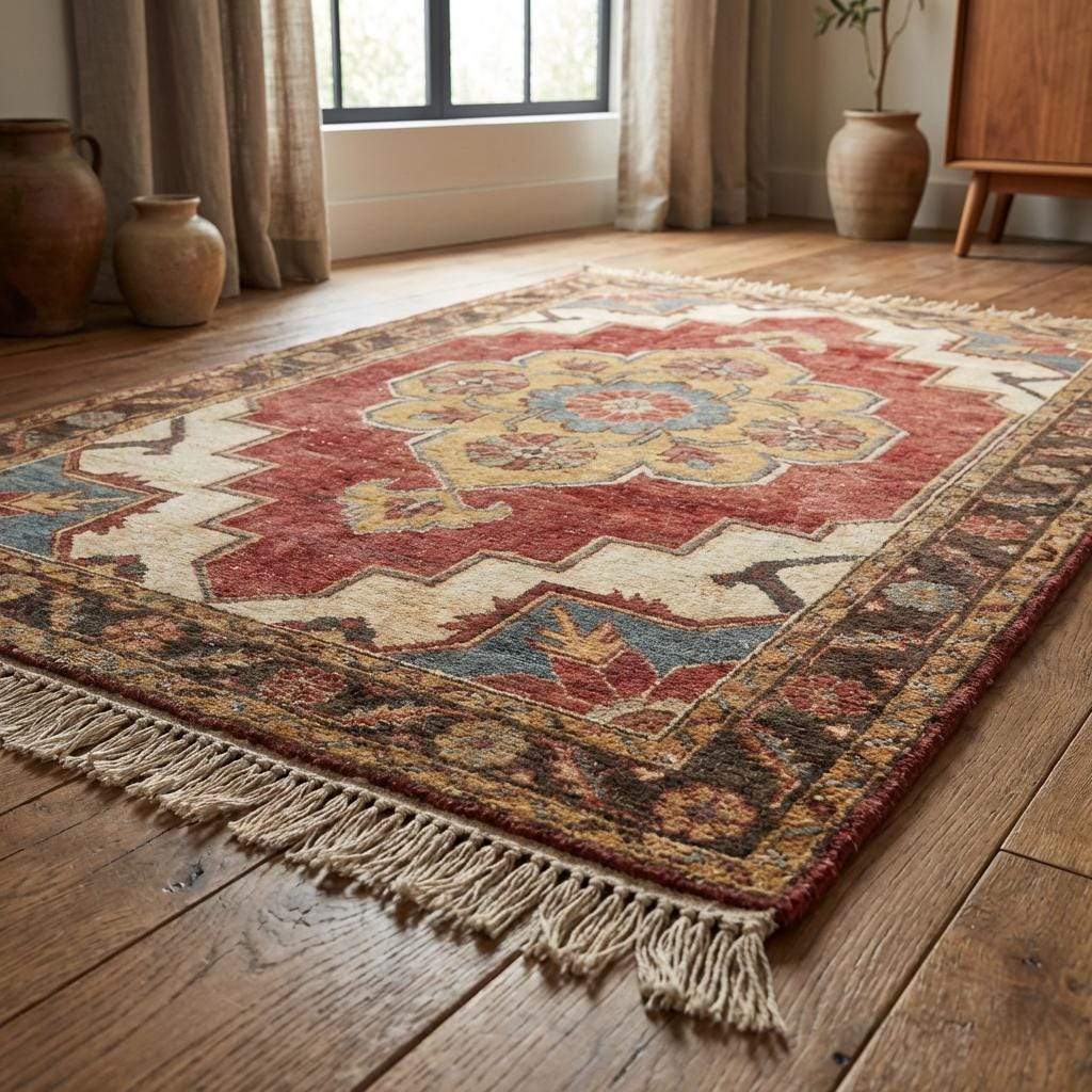 Floral medallion hand knotted wool Indo-Persian style area rug with brick red, ivory, and gold accents