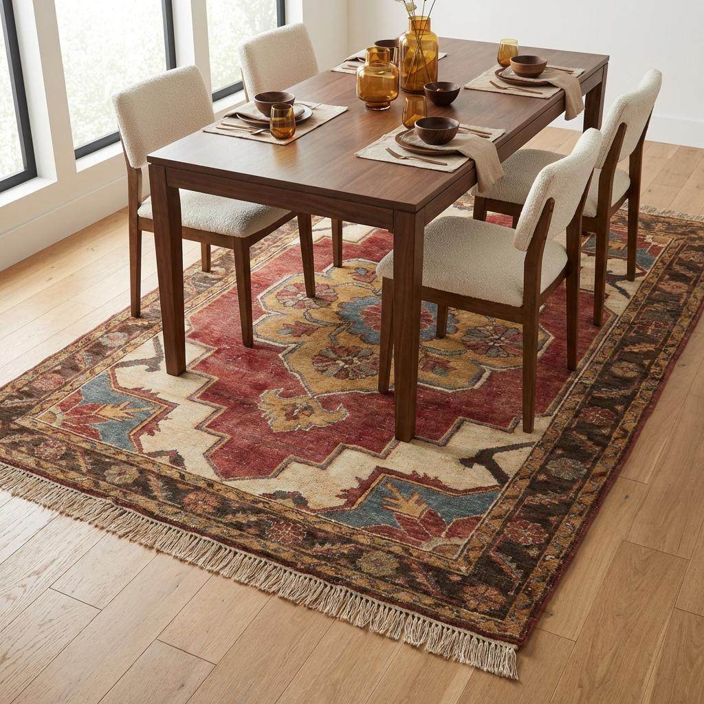 Hand knotted wool area rug with floral medallion design in rich brick red and ivory colors