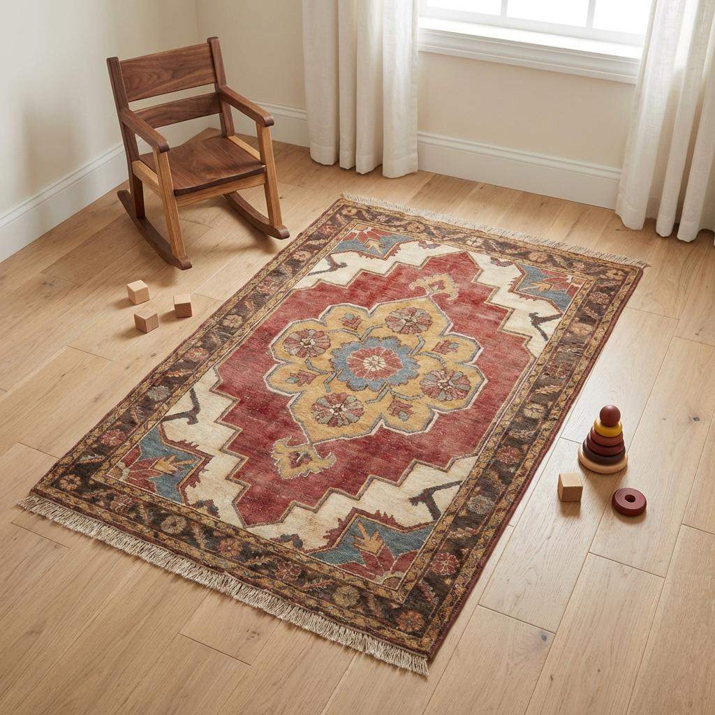 Hand knotted wool floral medallion area rug with traditional Indo-Persian design in rich brick red, ivory, and gold tones