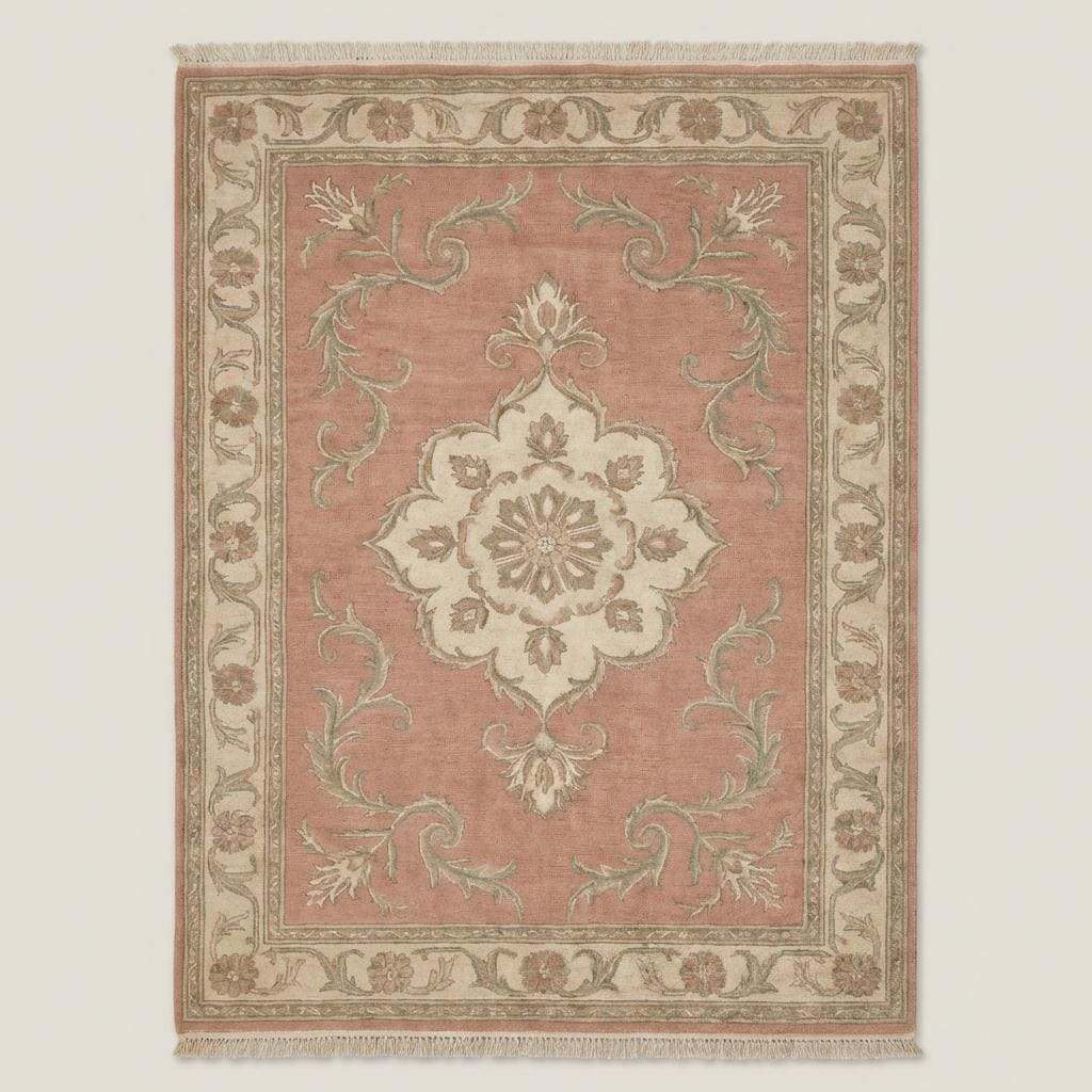 Floral hand knotted rug styled in living room with wooden floor and neutral furniture