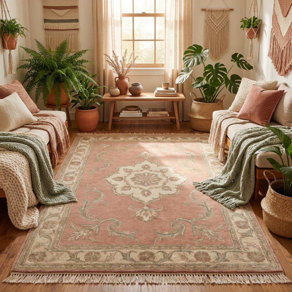 Traditional floral medallion wool rug with soft pink base and sage green accents