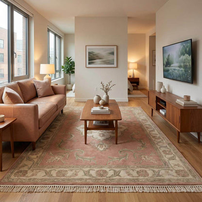 Handmade wool rug suitable for bedroom or living room décor with timeless design