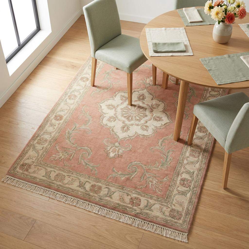 Floral Medallion Hand Knotted Wool Rug Soft Pink Area Rug