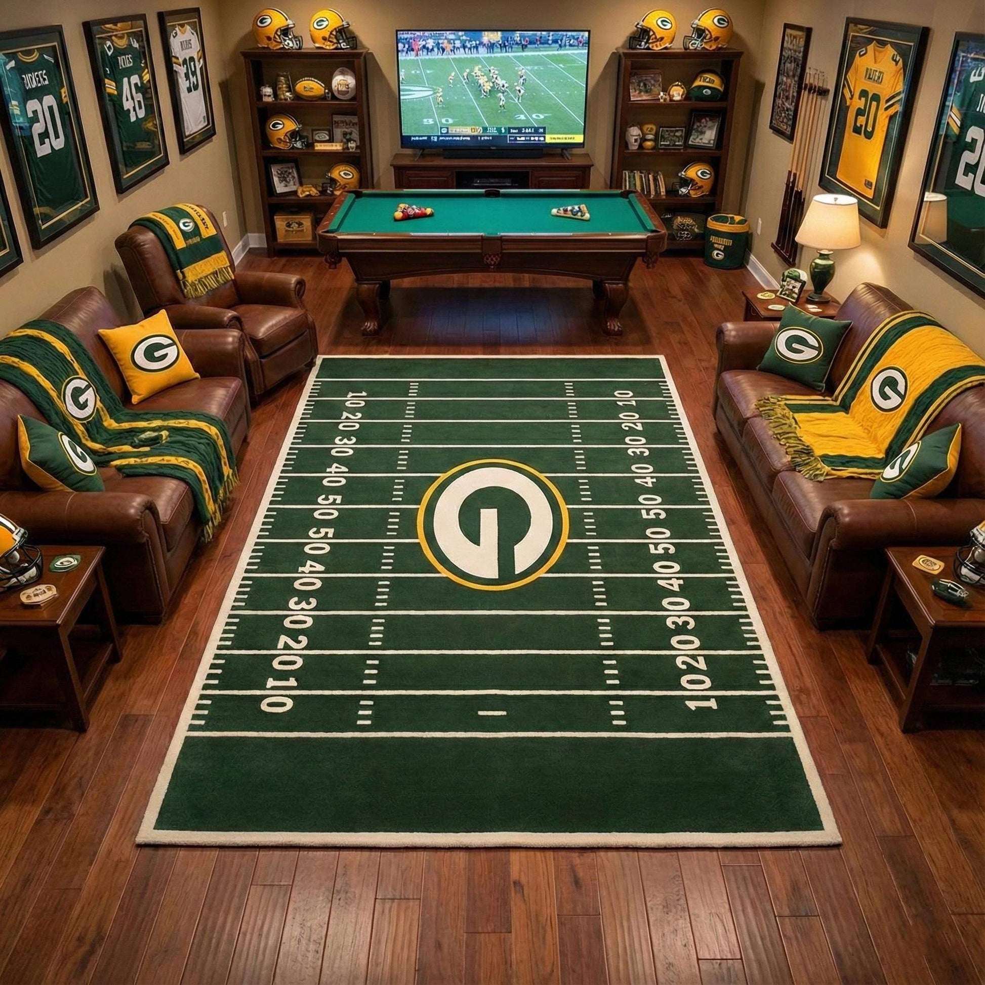 Green football field area rug with yard lines for game room decor