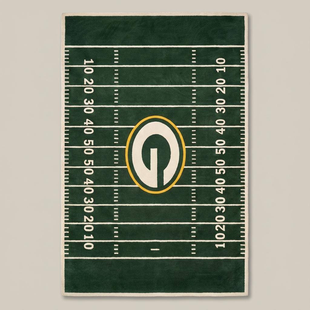 Detailed view of football field layout rug featuring yard line markings and centered emblem design.