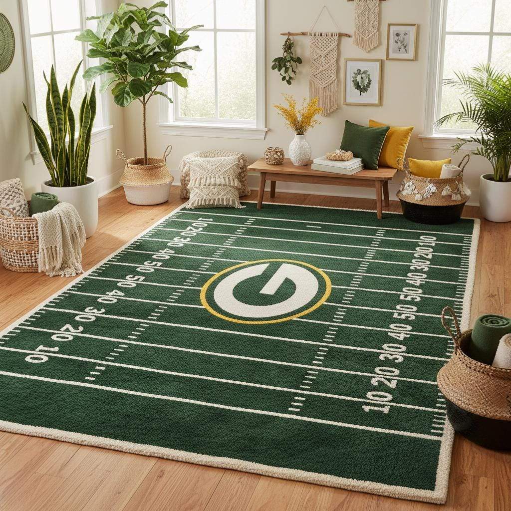 Rectangular football field area rug styled in a man cave with couches and sports memorabilia.