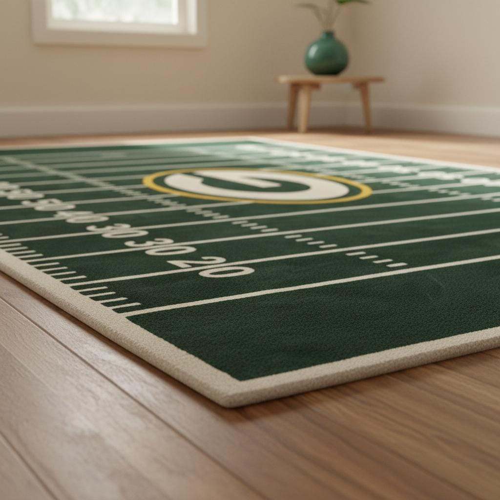 Green football themed rug with white and golden yellow accents creating bold contrast.