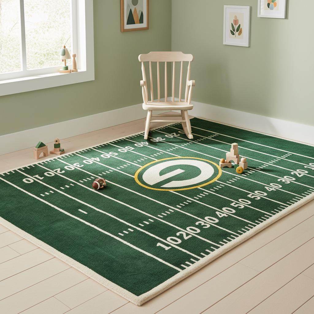 Sports inspired area rug enhancing a game room atmosphere for football fans.