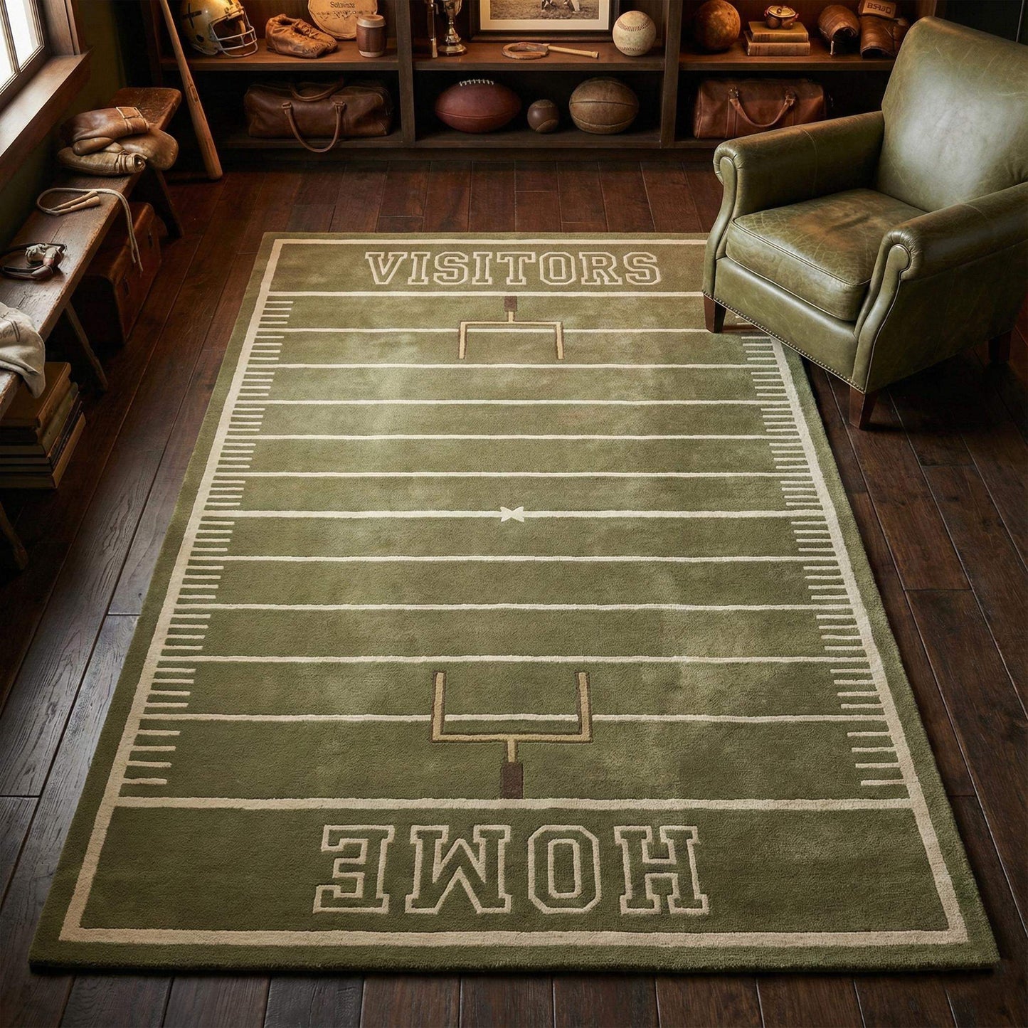 Football field area rug with home and visitors design for game room decor