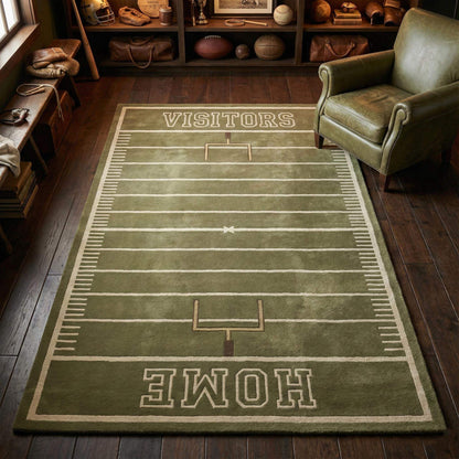 Football field area rug with home and visitors design for game room decor