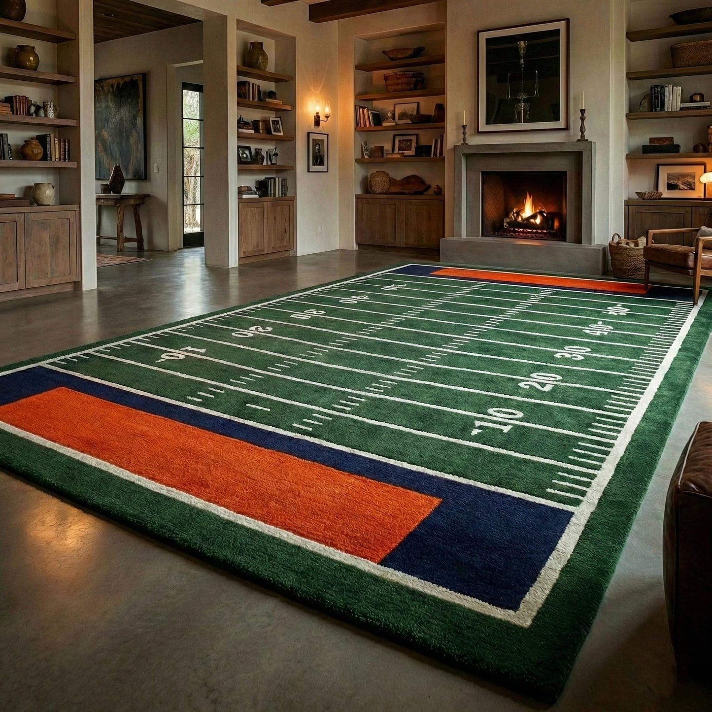 Large hand tufted football field area rug in green with white yard lines and navy orange end zones in modern living room. __etsy:7651626477