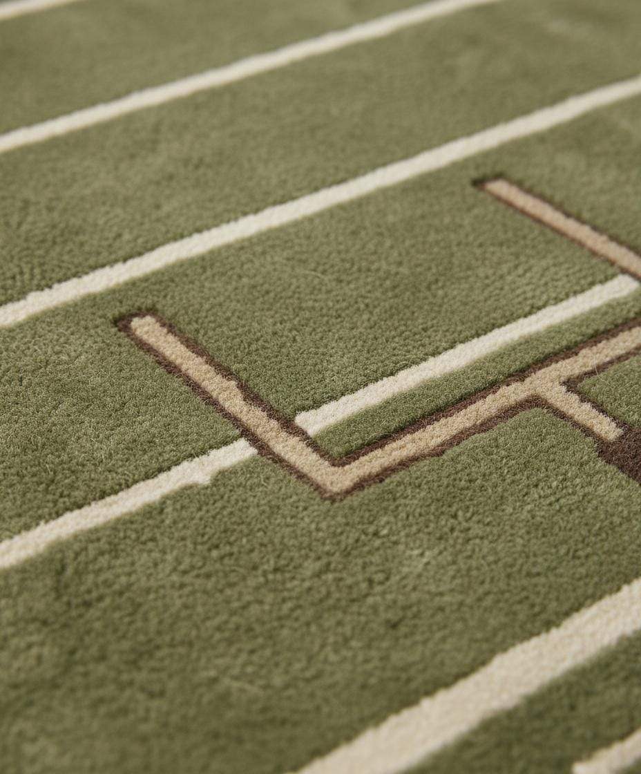 Close-up of plush hand-tufted rug showing dense pile texture, soft fibers, and clean field lines