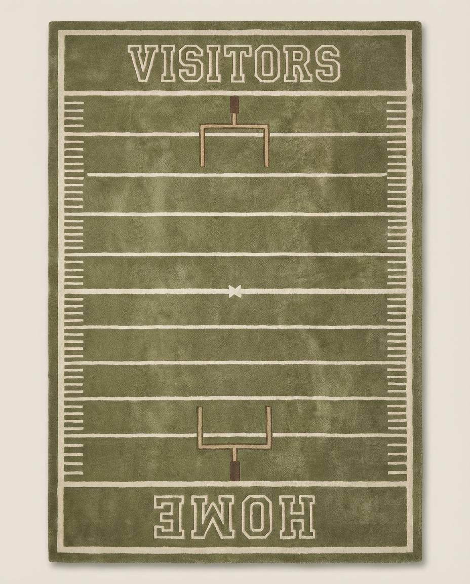 Rectangular football field rug featuring goalpost markings and classic field layout