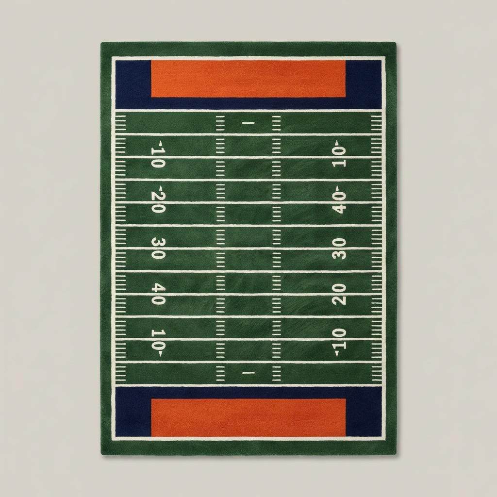 Football field rug styled in a cozy game room with seating and entertainment décor for sports lovers. __etsy:7603680542