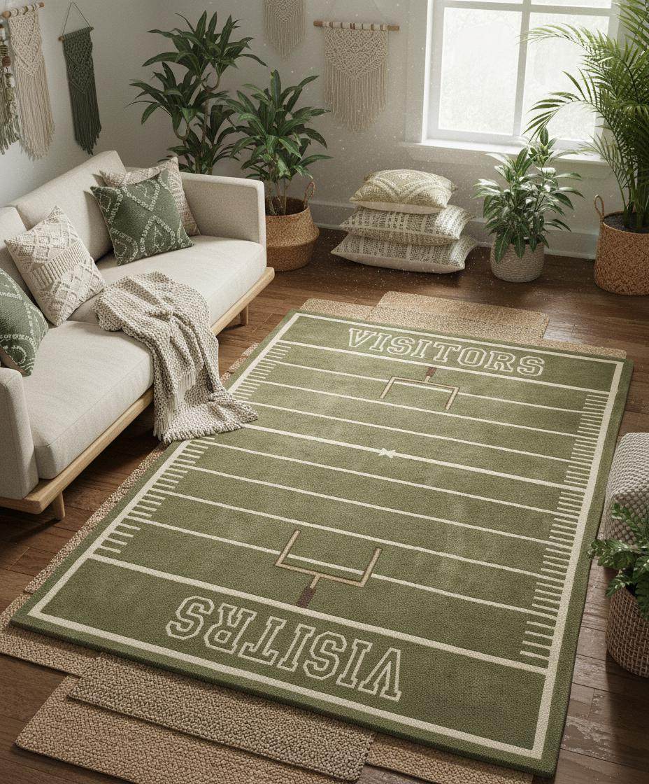 Football themed rug styled in a game room with leather chair and warm wooden flooring