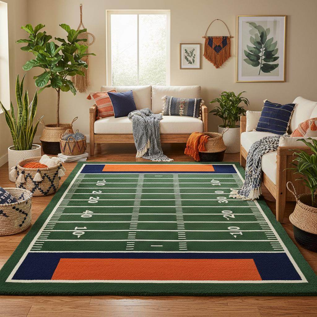 Rectangular sports themed rug featuring realistic football field pattern with yard markers and bold end zones. __etsy:7651626855