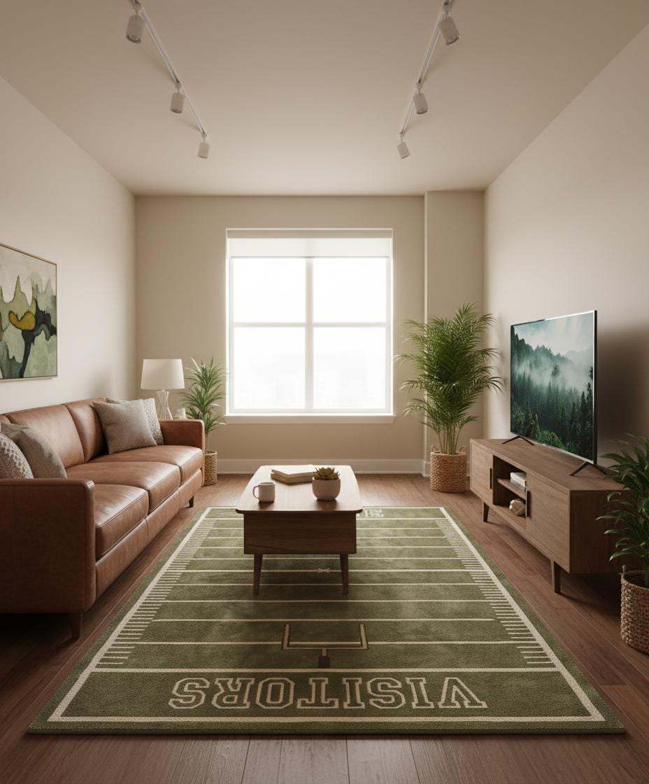 Handmade tufted football rug highlighting craftsmanship and textured surface finish