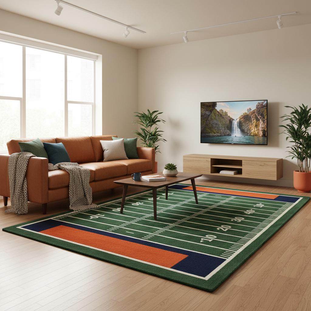Green field rug with contrasting white markings, navy borders, and burnt orange accents for vibrant sports décor. __etsy:7603680582