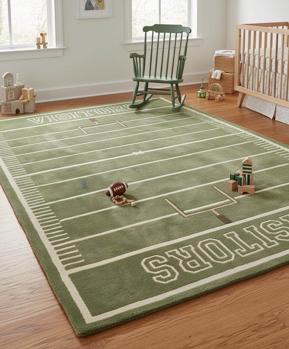 Green football area rug with ivory field lines and subtle brown accents