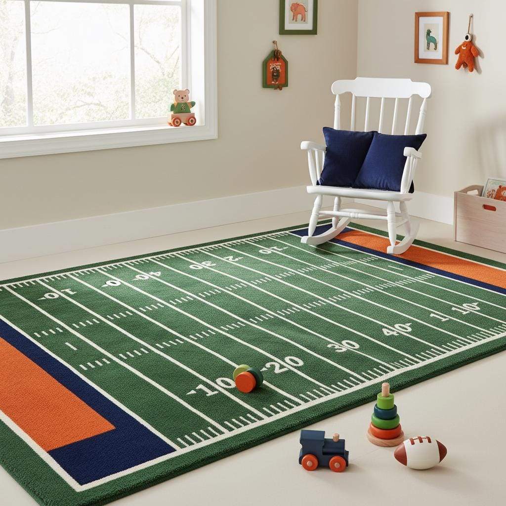 Hand tufted football area rug showing artisan craftsmanship, even pile height, and clean pattern definition. __etsy:7603680576