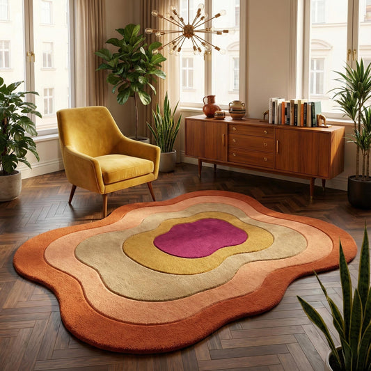 Funky Wavy Layered Rug, Irregular Shaped Rug, Mid Century Modern Groovy Carpet, Colorful Organic Shape Area Rug, 70s Living Room Decor