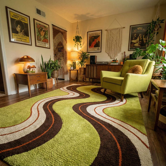 Funky wavy shag rug with bold 70s retro pattern in earthy avocado, brown, cream, and rust tones