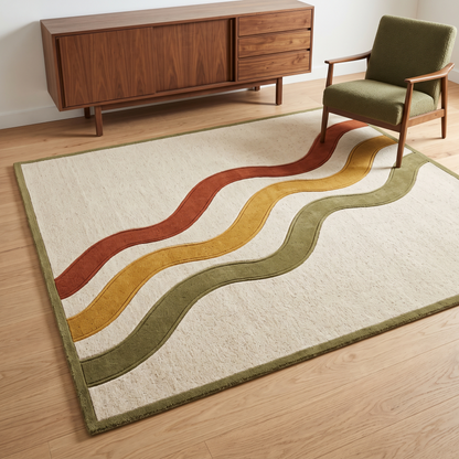 Hand Tufted Wavy Stripe Rug | Mid Century Retro Rug in Rust, Mustard & Olive - Wool Tufted Carpet